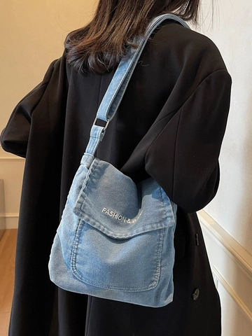 Sac Bandoulière en Denim Délavé Style Japonais Décontracté Broderie Sac Messager en Jeans Minimaliste avec Sangle Réglable