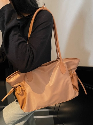 Women Large Capacity Nylon Tote Bag Waterproof Splicing PU Leather Travel Shoulder Bag With Side Drawstring Daily Handbag