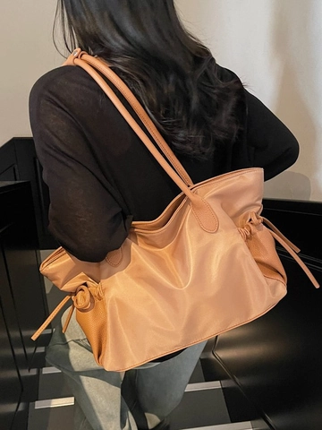 Women Large Capacity Nylon Tote Bag Waterproof Splicing PU Leather Travel Shoulder Bag With Side Drawstring Daily Handbag