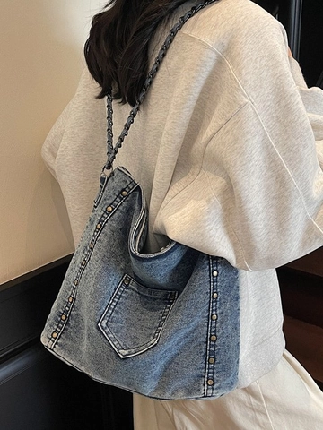 Vintage Denim Tsanta Omon Megalis Horitikotitas Tote Casual Hobo Tsanta Me Alusida Kai Metalika Pritsinia Kathimerini Metakinisi