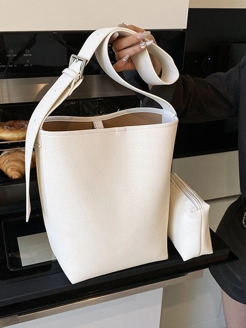 Bolso Cubo de Cuero PU Minimalista para Mujer Con Estuche Gran Capacidad Textura Lichi Correa Ajustable Bolso Versatile