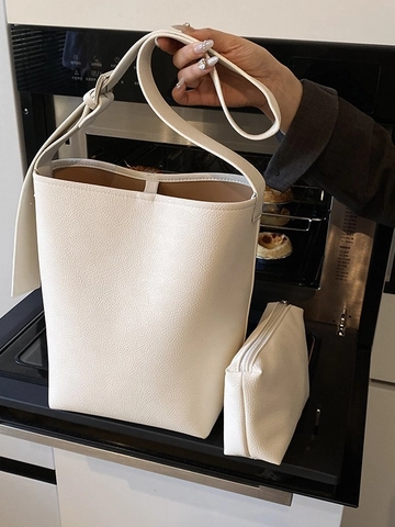 Bolso Cubo de Cuero PU Minimalista para Mujer Con Estuche Gran Capacidad Textura Lichi Correa Ajustable Bolso Versatile