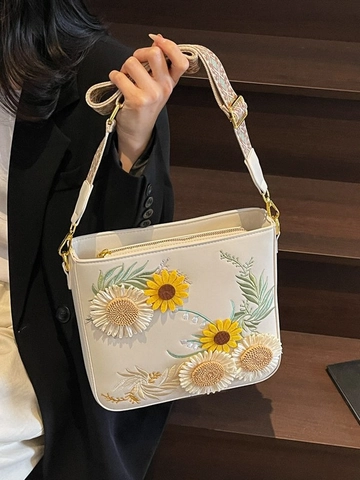 American Pastoral Women PU Shoulder Bag With 3D Sunflower Daisy Embroidery Wide Ethnic Strap Large Capacity Bucket Bag