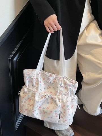 Sac Fourre-tout en Dentelle Florale Style Coréen Grande Capacité Sac à Épaule pour Femmes pour Navette Quotidien École Sac à Main en Toile Florale