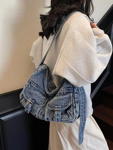 Borsa a Spalla in Denim Lavato Vintage da Donna Multitasche Stile Workwear Borsa Hobo Casual Grande Capacità Satchel
