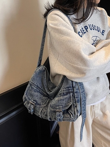Borsa a Spalla in Denim Lavato Vintage da Donna Multitasche Stile Workwear Borsa Hobo Casual Grande Capacità Satchel