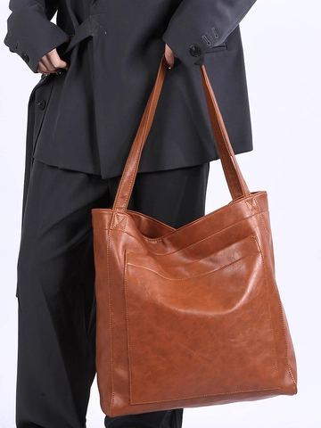 Women's Vintage PU Leather Large Capacity Tote Bag Fashion Commuter Shoulder Bag With Front Pocket Simple Solid Color Handbag