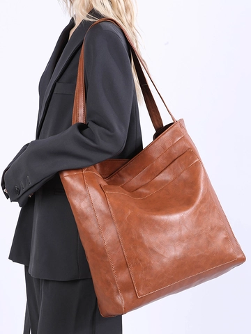 Women's Vintage PU Leather Large Capacity Tote Bag Fashion Commuter Shoulder Bag With Front Pocket Simple Solid Color Handbag