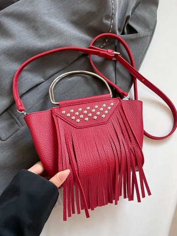 Bolso de Hombro Vintage de Cuero PU para Mujer Con Asa de Anillo Metálico Borlas Remaches Bohemio Bolso de Bandolera Cubo