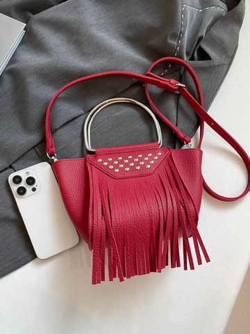 Bolso de Hombro Vintage de Cuero PU para Mujer Con Asa de Anillo Metálico Borlas Remaches Bohemio Bolso de Bandolera Cubo