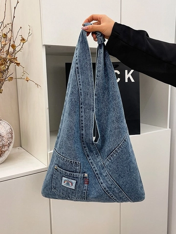 Vintage Denim Tote Bag Damen Große Kapazität Hobo Umhängetasche Mit Aufgesetzter Tasche Kontrastnähten Lässige Streetwear Tasche