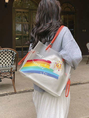 Fashion Transparent PVC Beach Tote Bag Rainbow Sun Print Shoulder Bag Large Capacity Waterproof Two-Piece Set Women Handbag