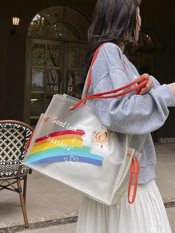 Fashion Transparent PVC Beach Tote Bag Rainbow Sun Print Shoulder Bag Large Capacity Waterproof Two-Piece Set Women Handbag
