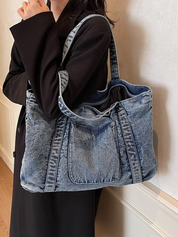 Large Capacity Vintage Washed Denim Tote Bag For Women Retro Casual Shoulder Bag Handbag With Outer Pocket For Commute