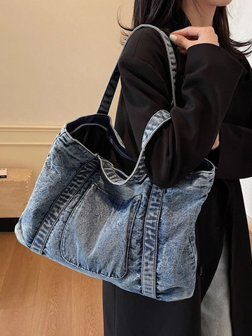 Large Capacity Vintage Washed Denim Tote Bag For Women Retro Casual Shoulder Bag Handbag With Outer Pocket For Commute