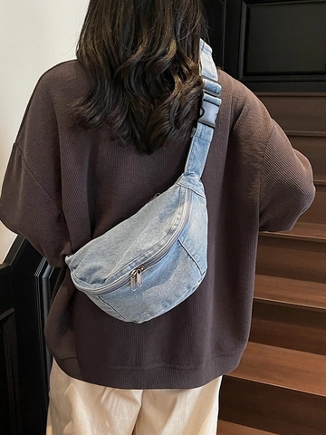 Large Capacity Washed Denim Chest Bag Vintage Casual Crossbody Waist Pack For Women Urban Minimalist Dumpling Shoulder Bag