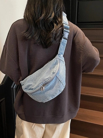 Large Capacity Washed Denim Chest Bag Vintage Casual Crossbody Waist Pack For Women Urban Minimalist Dumpling Shoulder Bag