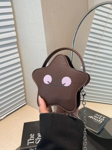 Linda Bolso Bandolera Mini en Forma de Estrella Con Cara Sonriente Cuero PU Textura Lichi Bolso de Mano Cadena Plateada para Mujer