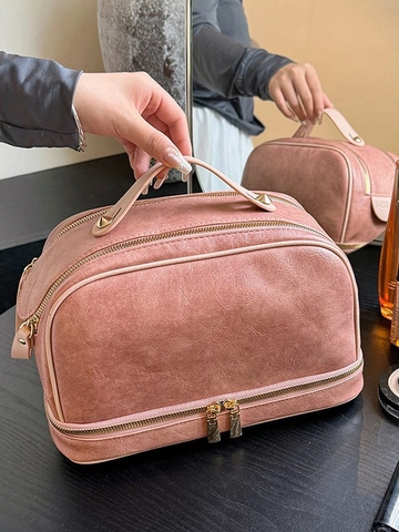 Large Capacity Vintage PU Leather Makeup Bag Women Double Layer Travel Toiletry Organizer Handbag With Gold Zipper Handle