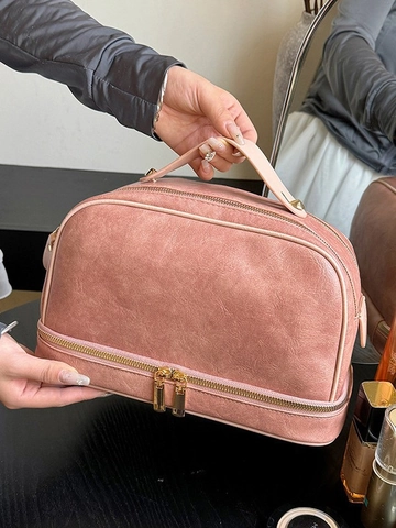 Large Capacity Vintage PU Leather Makeup Bag Women Double Layer Travel Toiletry Organizer Handbag With Gold Zipper Handle