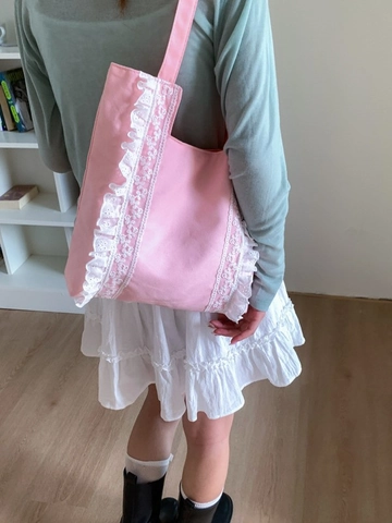 Bolso Tote de Lona Con Volantes de Encaje para Mujer Gran Capacidad Bolso de Hombro para Viaje Diario Simple Bolso de Mano Plisado