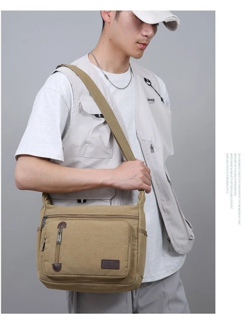Men Vintage Canvas Messenger Bag Multi-Pocket Crossbody Bag Casual Outdoor Travel Shoulder Bag With Adjustable Strap