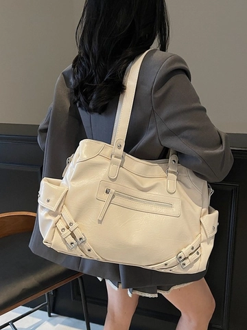 Vintage PU Leather Large Tote Bag For Women Retro Motorcycle Shoulder Bag With Multi Pockets Rivet Commuter Crossbody Bag