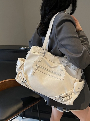 Vintage PU Leather Large Tote Bag For Women Retro Motorcycle Shoulder Bag With Multi Pockets Rivet Commuter Crossbody Bag