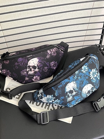 Bolso de Pecho con Estampado de Calavera y Flores Góticas para Hombre Mujer Tela Oxford Riñonera de Moda Casual Bolso Bandolera Bolso de Teléfono