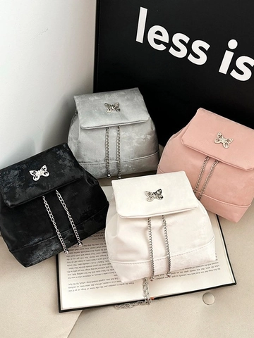 Dames Mode Mini Vlinder Strik Rugzak Fluweel PU Leer Kleine Schooltas Voor Meisjes Dagelijks Reizen Ketting Trekkoord Rugzak
