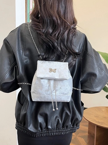 Dames Mode Mini Vlinder Strik Rugzak Fluweel PU Leer Kleine Schooltas Voor Meisjes Dagelijks Reizen Ketting Trekkoord Rugzak