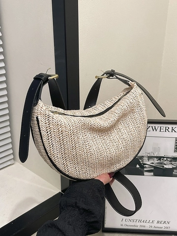 Women Casual Straw Woven Crescent Shoulder Bag Minimalist V-Pattern Dumpling Bag With Adjustable PU Leather Strap Summer Vacation Crossbody Bag