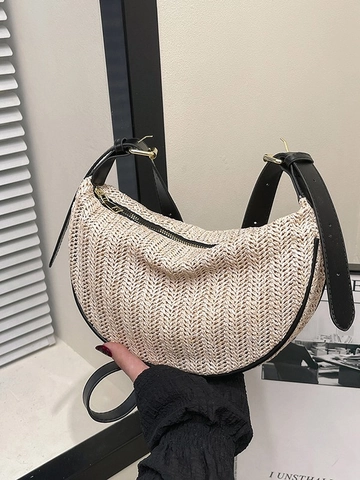 Women Casual Straw Woven Crescent Shoulder Bag Minimalist V-Pattern Dumpling Bag With Adjustable PU Leather Strap Summer Vacation Crossbody Bag