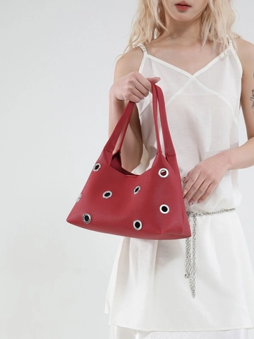 Women Fashion Hollow Out Metal Eyelet Shoulder Bag PU Leather Niche Design Underarm Bag Punk Style Hobo Bag Streetwear