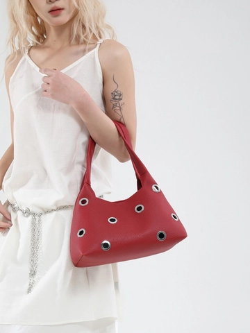 Women Fashion Hollow Out Metal Eyelet Shoulder Bag PU Leather Niche Design Underarm Bag Punk Style Hobo Bag Streetwear