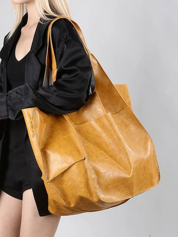 Women Vintage Soft PU Leather Tote Bag Large Capacity Retro Shoulder Handbag Work Travel Commuter Bag