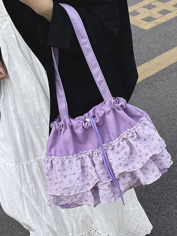 Bolso Tote con Volantes Florales para Mujer Dulce Bolso de Hombro de Lona Cordón Gran Capacidad Plisado Estilo Pastoral Diario Escuela