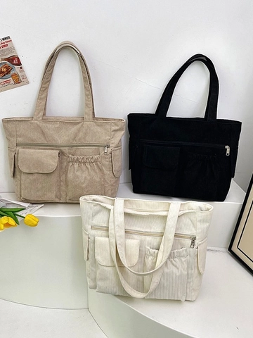 Women Large Capacity Corduroy Tote Bag Minimalist Multi-Pocket Shoulder Handbag Solid Color Casual Commuting School Bag
