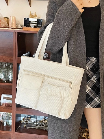 Women Large Capacity Corduroy Tote Bag Minimalist Multi-Pocket Shoulder Handbag Solid Color Casual Commuting School Bag