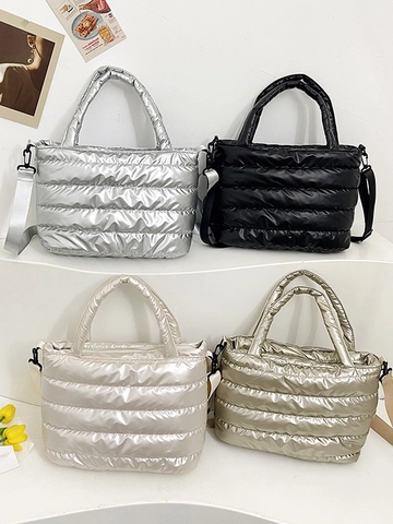 Bolso de Hombro Acolchado Puffer para Mujer Bolso Tote Acolchado Metálico Con Correa Desmontable Casual Ligero de Invierno