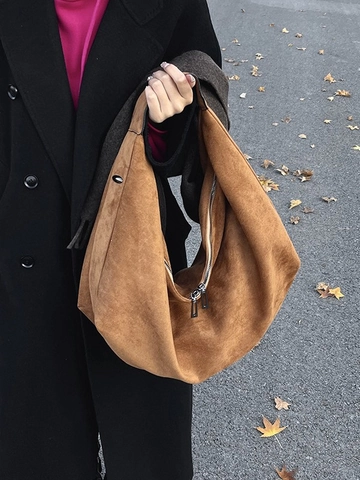 Women Large Capacity Suede Hobo Bag Casual Slouchy Tote Shoulder Bag With Metal Zipper For Autumn Winter Commute Office