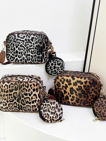 Sac Bandoulière Tendance Léopard pour Femme en Cuir PU Avec Mini Pochette Ronde et Large Bandoulière Réglable