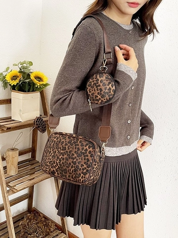 Sac Bandoulière Tendance Léopard pour Femme en Cuir PU Avec Mini Pochette Ronde et Large Bandoulière Réglable