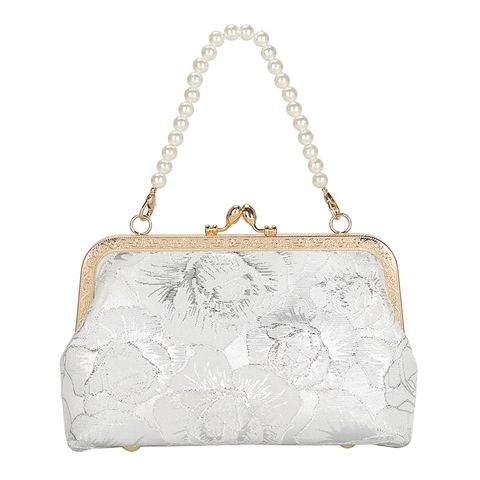 Vintage Avondtas Van Satijn In Chinese Stijl Voor Dames Jacquard Vlinder Bloemenpatroon Kunstparelgreep Kiss Lock Handtas Clutch Voor Bruiloft Feest
