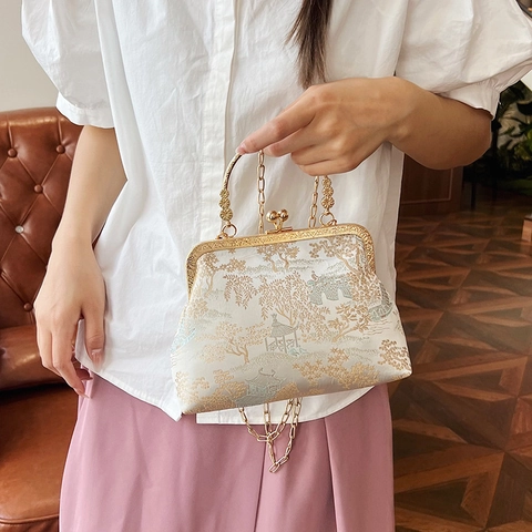 Vintage Avondtas Van Satijn In Chinese Stijl Voor Dames Jacquard Vlinder Bloemenpatroon Kunstparelgreep Kiss Lock Handtas Clutch Voor Bruiloft Feest