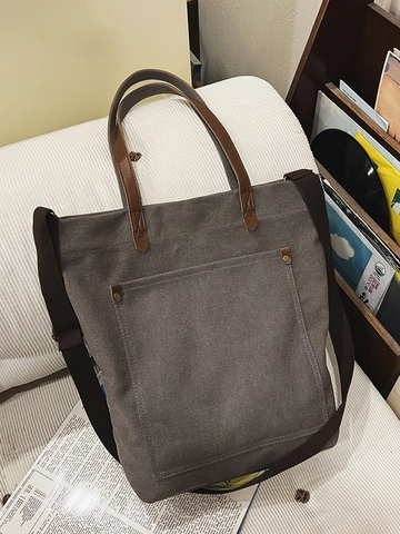 Borsa Tote in Tela Lavata Retrò Minimalista Grande Capacità Borsa a Tracolla Con Manici in Pelle per Uomo Donna