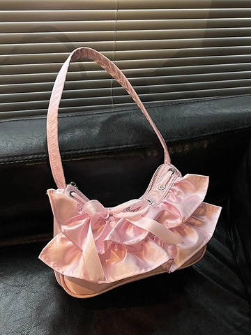 Bolso de Hombro de Satén con Volantes para Mujer Dulce Lazo Bolso de Axila Hobo Color Sólido Casual Fiesta Moda Bolso para Mujer