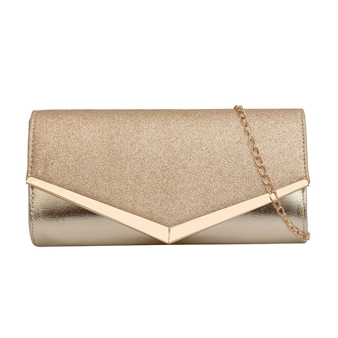 Pochette Donna Elegante con Glitter Borsa da Sera PU con Tracolla a Catena Finitura in Metallo a V per Matrimonio Banchetto Festa