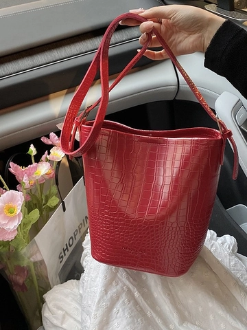 Borsa a Secchiello da Donna alla Moda con Motivo a Coccodrillo in Pelle PU Borsa a Tracolla con Custodia Interna Versatile