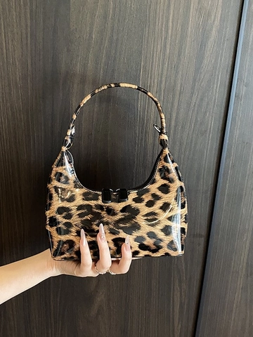 Bolso Hobo de Leopardo para Mujer en Charol Brillante Bolso de Hombro de Media Luna con Cadena Plateada para Fiesta Diaria